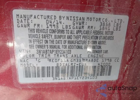 2014 Nissan Sentra Sr z USA, uszkodzony, nr VIN 3N1AB7AP1EY234103